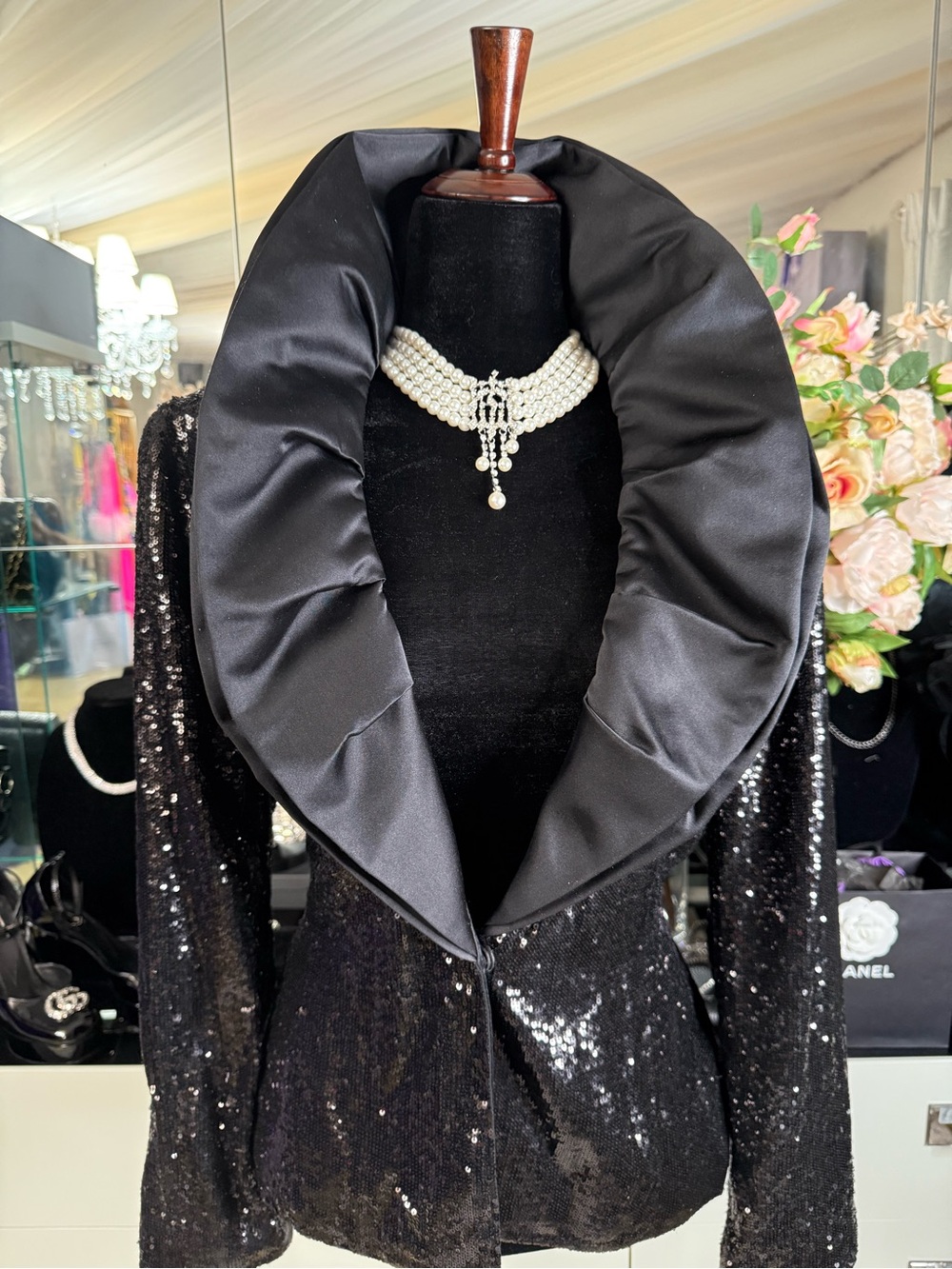 Neiman Marcus Black Sequin Jacket with Satin Shawl Collar and Tie